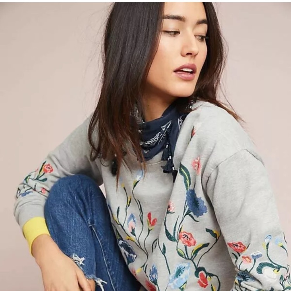 Sundry Gray Floral Embroidered Sweatshirt